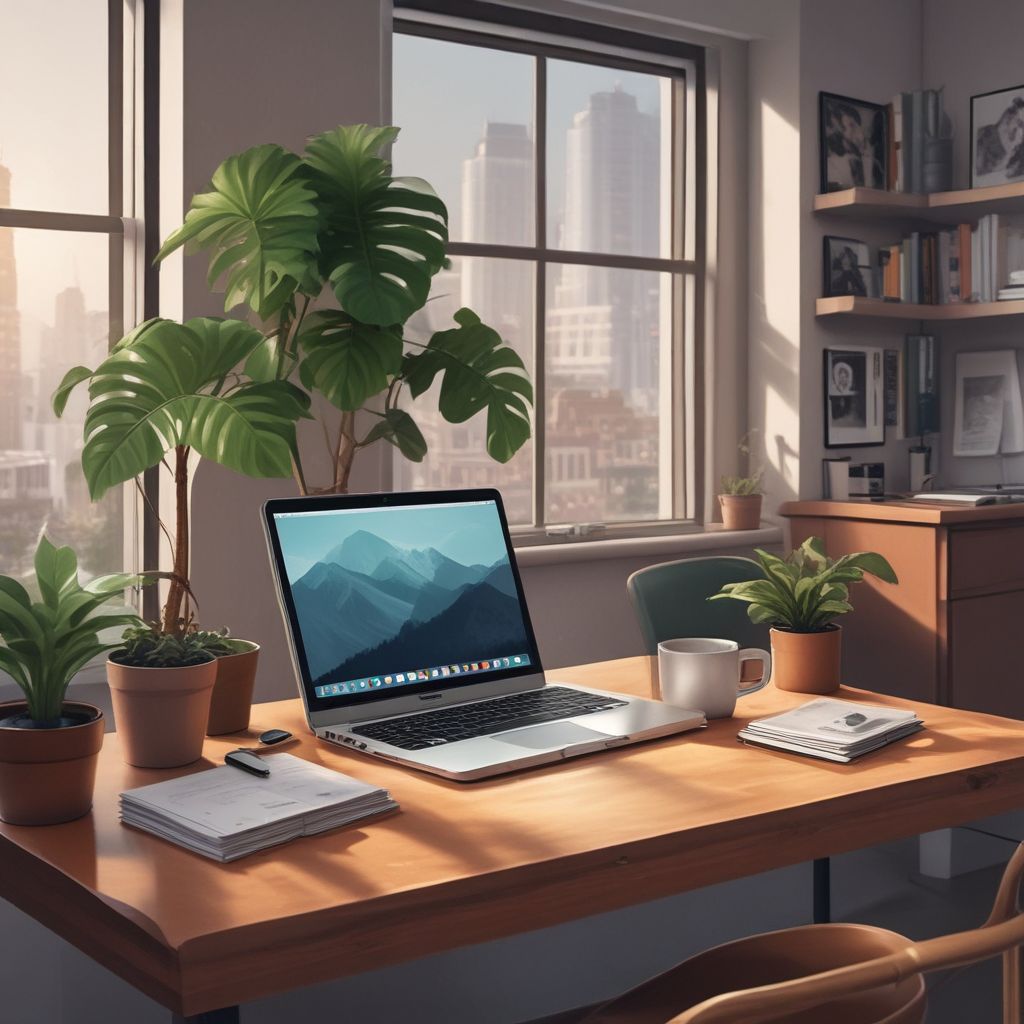 an office with a laptop, coffee, and a plant symbolizing remote work environment